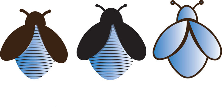 Firefly bug Icon Vector set. Set of fireflies insect glyphs in black and dark blue color. Vector