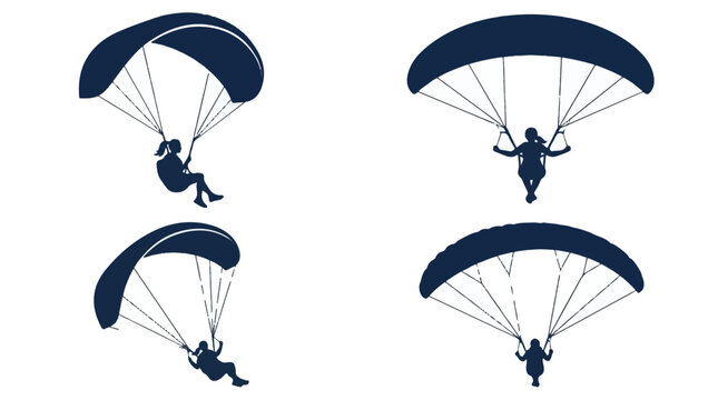Four black silhouettes of people paragliding
