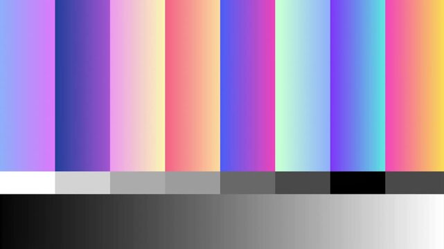Vibrant color and grayscale test pattern for display calibration, showcasing a spectrum of hues and shades