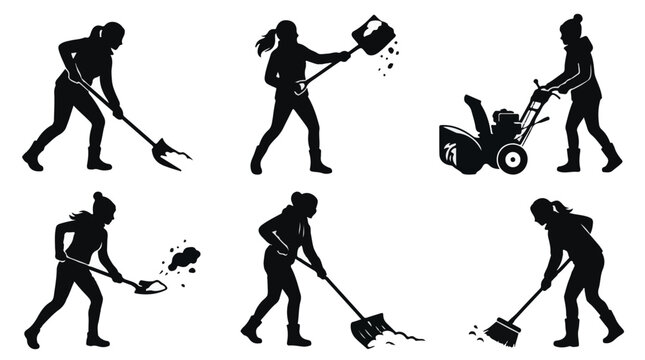 Silhouette of a woman shoveling snow or dirt in various poses and actions
