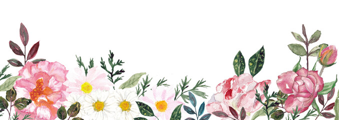 Sfondo floreale con fiori misti, illustrazione ad acquerello isolata su sfondo bianco © sommaria