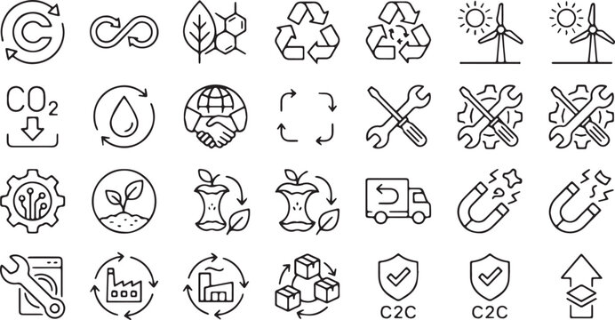 Closed Loop Manufacturing and Circular Economy Minimalist Black Line Icon Set. Sustainable Industry, Recycling, Supply Chain and Eco-Friendly Symbols on White Background.