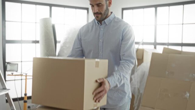 Man rests hands on a cardboard box while packing and moving in studio amid stacked boxes, rolled rugs and ladder by large windows; new start thoughtful.