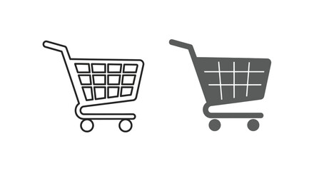 Shopping cart icons set featuring grid pattern outline and solid styles for retail online shop website interface representing e-commerce checkout solutions. © Bappy