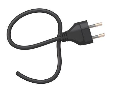 Digital rendering of a two-prong electrical plug and a looped black cable, isolated against a white background