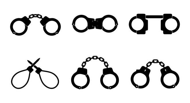 Handcuff Icons Set, Restraint Symbols, Police Equipment, Law Enforcement Vector Graphics