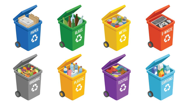 Recycling Bins With Waste Materials Isometric Vector Illustration