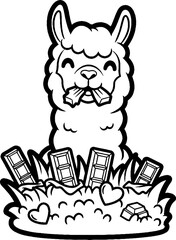 Fototapeta premium Cute cartoon llama sitting on books illustration outline.