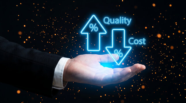 Businessman hand holding glowing quality cost icons, percentage signs, on black background with orange dots, finance concept