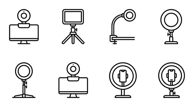 8 Webcam icons, computer camera, monitor, tripod, UI design