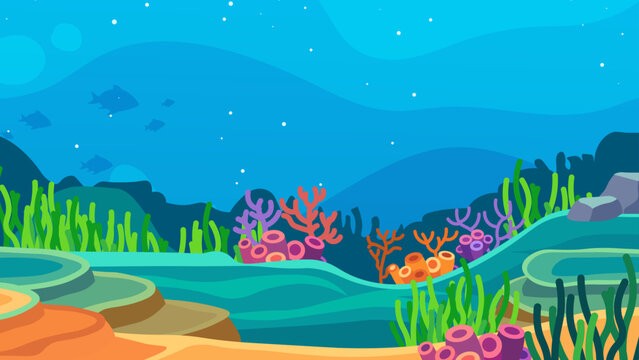 Vibrant underwater coral reef with fish and sea life in flat vector style