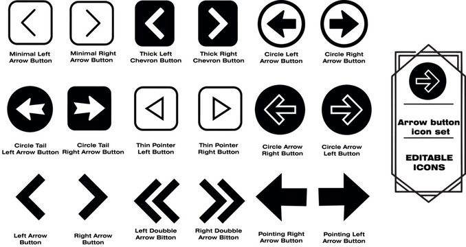 Arrow buttons icon set. Website slider navigation symbols. Next and previous rounded buttons for app. Web interface arrow buttons isolated illustration.