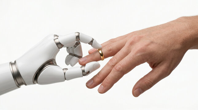 Ringtausch Bionik Bionisch Biomechanisch Hände Hochzeit Trauung Feier. Bionische Hightech-Hand steckt einer menschlichen Hand den Ehering an.