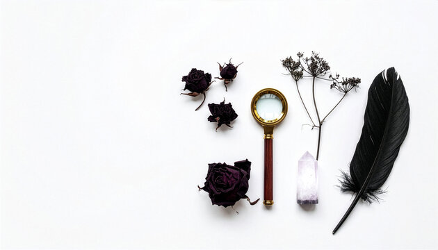黒い羽根や乾燥した薔薇と虫眼鏡を並べたミステリアスなフラットレイ（白背景）