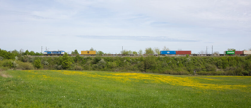 Germany, Bavaria, Burgbernheim - May 04, 2026: A train operated by the private German rail freight company boxXpress.de GmbH
