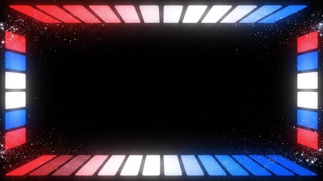 Abstract red, white, and blue glowing frame with illuminated panels forming a tunnel‑like border. High‑resolution graphic resource suitable for backgrounds, overlays, and modern design projects.