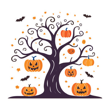 Halloween tree with pumpkins and bats