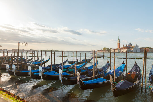 Gondolas moored on Venice lagoon