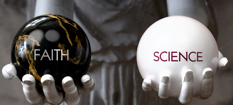 Faith or Science - decide between two options. Greek statue presenting a choice: faith or science, weighing their values. Looking at pros and cons. Presenting possibilities. ,3d illustration
