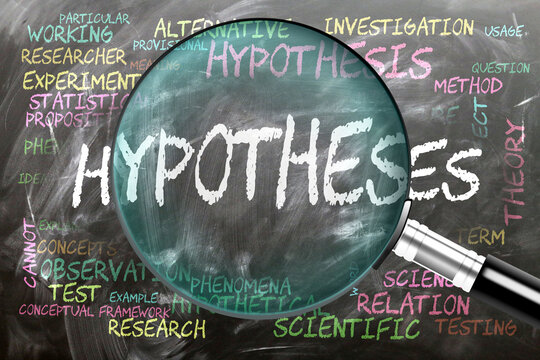 Hypotheses being studied, examined - under close inspection. Most important subjects and ideas closely related to hypotheses written on a blackboard inspected by a magnifying glass. ,3d illustration