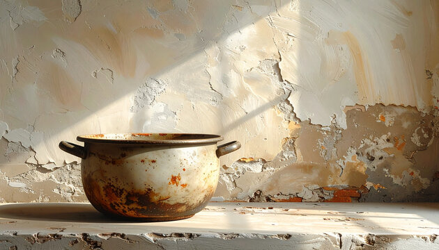 Rustic pot on a window sill textured wall and natural sunlight