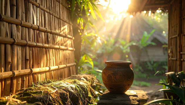Rustic pot sits on a stone with a bamboo wall in the bright sunshine