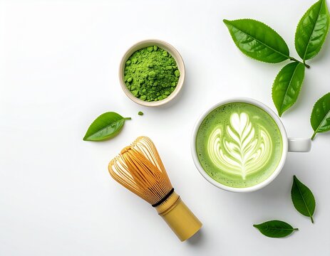 Matcha latte with latte art, matcha powder bowl and bamboo whisk on white background