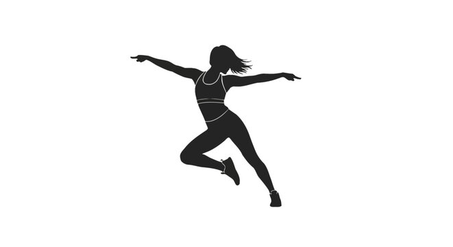 Detailed black silhouette of a fit woman wearing athletic sports bra and leggings performing a dynamic dance or fitness movement with outstretched arms, isolated on a white background.