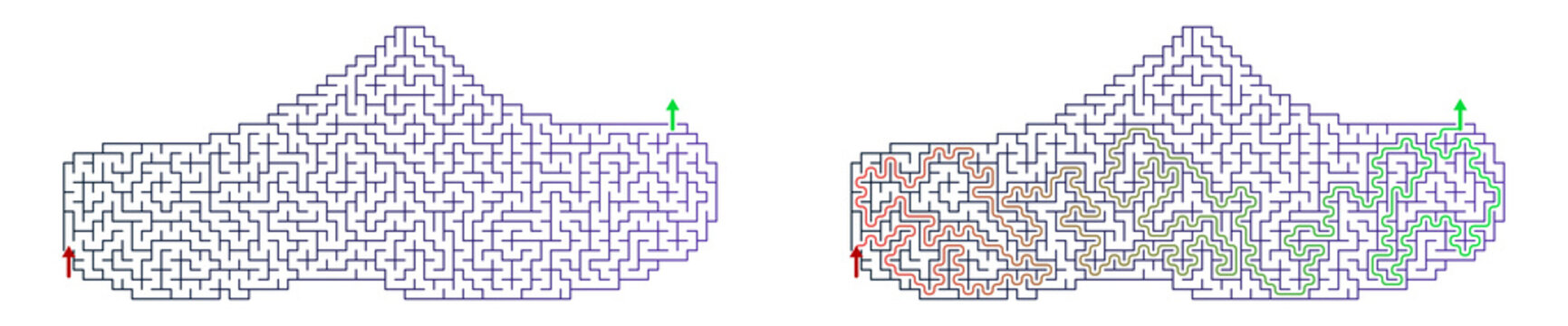 Maze puzzle with sabo shoes outline showing entry and exit paths  
