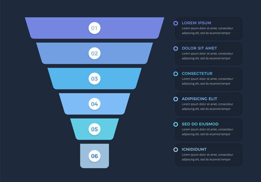 Modern funnel infographic template with six steps on dark background, ideal for sales pipeline, marketing process and conversion flow visualization