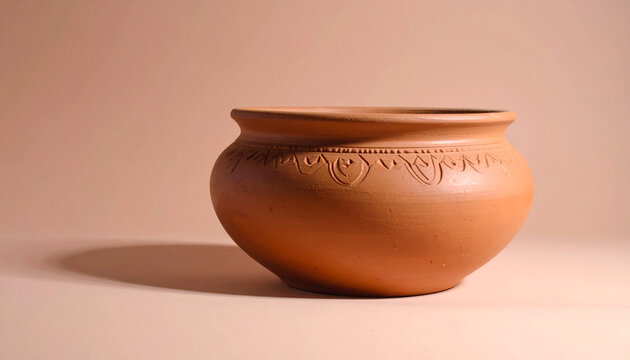 Rustic terracotta pot isolated against a neutral background with soft lighting