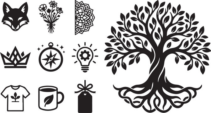 Tree of Life with Various Symbolic Icons Black