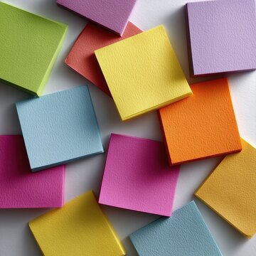 Colorful sticky notes scattered across bright background creating vibrant office composition with soft lighting Concept of creativity and organization