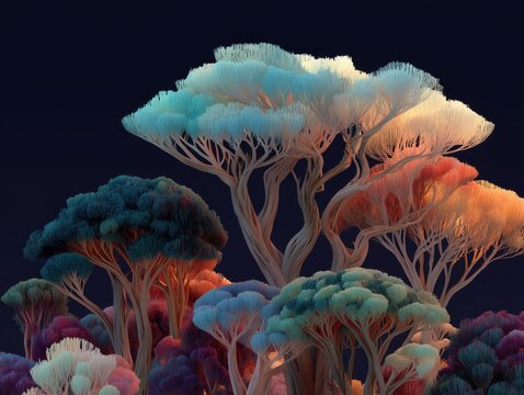 Fantasy coral forest with glowing colorful marine structures in dark underwater environment illuminated by bioluminescent light Concept of ocean wonder