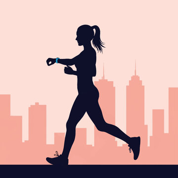 Silhouette of a woman jogging in an urban environment at sunrise, checking her blue smartwatch while running against a city skyline background with peach-colored skyscrapers.
