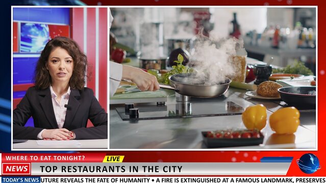 Woman advertises fine dining places in the city, news anchor giving information about five star restaurants with delicious food. Journalist presents exclusive gourmet cuisine recommendations.