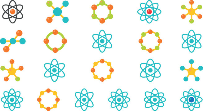 Science Atom and Molecule Structure Flat Vector Icon Set with Chemistry Physics Laboratory Research Symbols for Educational and Technology Graphic Designs