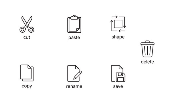 Scissors, Clipboard, and Recycle Bin Line Icons with Labels Like Cut, Paste, Shape, Delete for Ui Editing Concepts