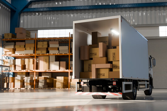 3D loaded delivery truck with stacked cardboard cargo