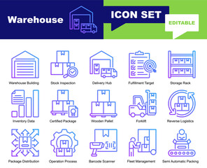 Fototapeta premium Warehouse icon set. Vector symbols for Cargo, Distribution, Forklift, Inventory, Logistics, Package, Pallet, Stock, Storage