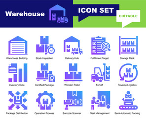 Fototapeta premium Warehouse icon set. Vector symbols for Cargo, Distribution, Forklift, Inventory, Logistics, Package, Pallet, Stock, Storage