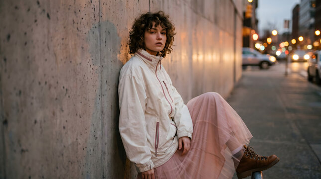 Medium full shot of a single young woman with short curly dark hair sitting alone and leaning against a concrete wall wearing an oversized cream technical shell jacket and a soft pink tulle ballet ski