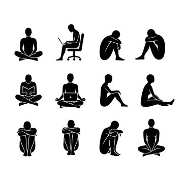 Black silhouettes of people in various sitting positions and poses
