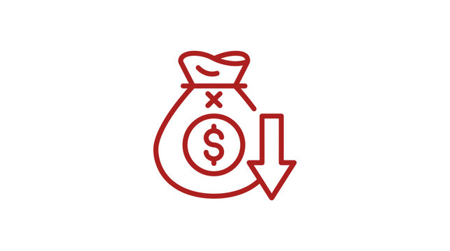 Money Bag Icon with Down Arrow - Financial Loss, Budget Cut, Debt Reduction Concept