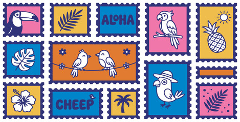 Collection of colorful postage stamps featuring tropical motifs like birds, flowers, and fruits. © Riki