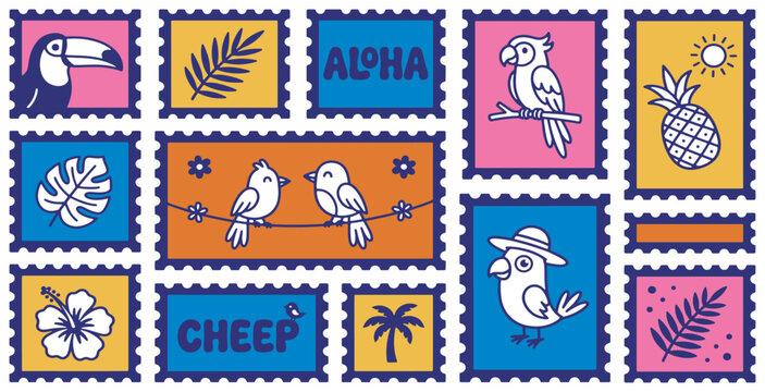 Collection of colorful postage stamps featuring tropical motifs like birds, flowers, and fruits.