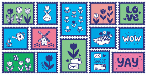 Fototapeta premium Collection of colorful postage stamps with spring and summer motifs, including flowers, animals, and positive messages.