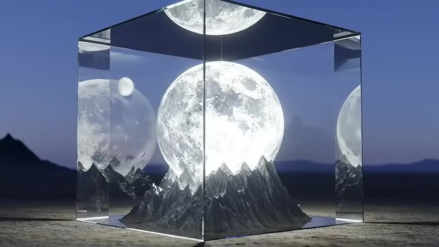 Surreal Moon Reflection in Glass Cube at Night with Mountains.