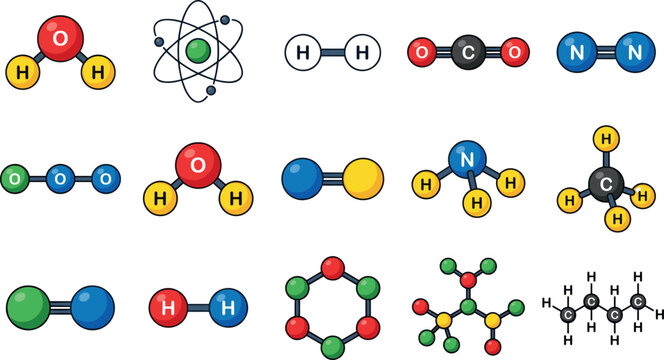 Chemistry Molecule and Atom Icon Set with Water Carbon Dioxide Methane and Hydrocarbon Structures for STEM Education Science Laboratory and Academic Infographics