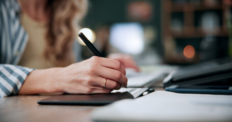 Hands, woman and graphics tablet for drawing, editing design and development with pen in office. Stylus, designer and pad at creative startup for digital art, sketch review and business project © peopleimages.com